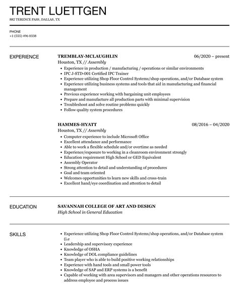assembly resume example|Assembler Resume: Examples and Tips .